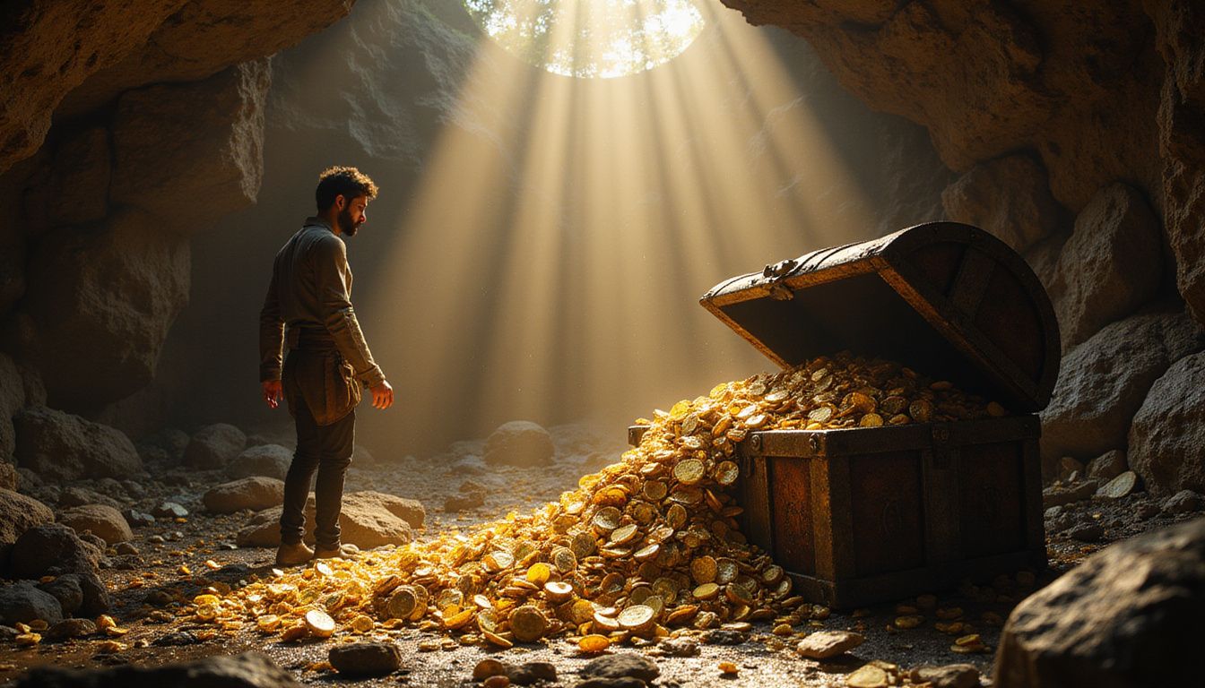 A treasure hunter discovers a magnificent, overflowing treasure chest in a cavern.