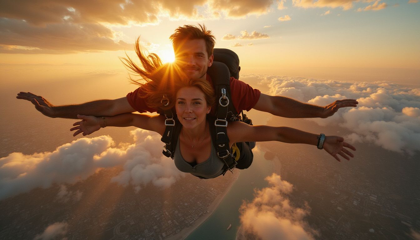 A couple skydives over Dubai, capturing a thrilling moment of freedom.