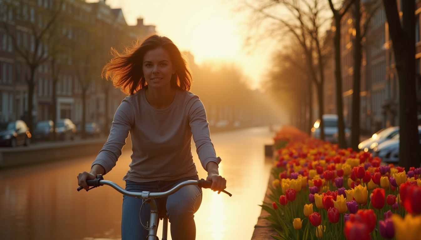 A woman pedals thoughtfully along an Amsterdam canal surrounded by tulips.