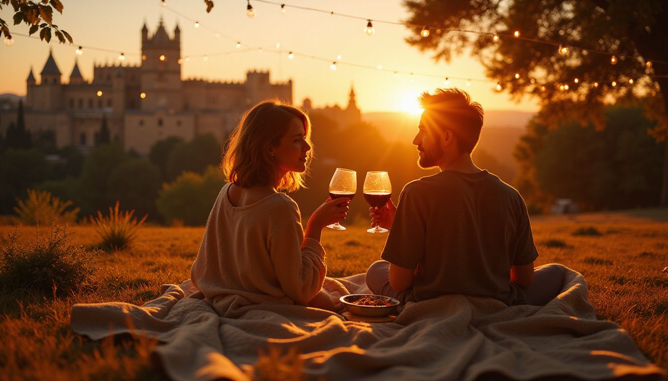 A couple enjoys a romantic picnic with tapas and wine.