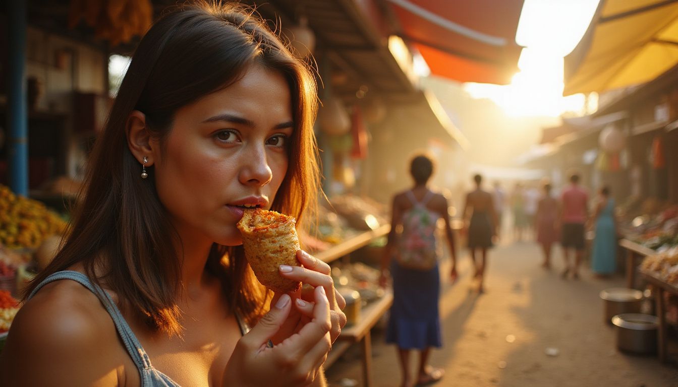 A woman enjoys street food amidst a bustling market atmosphere.