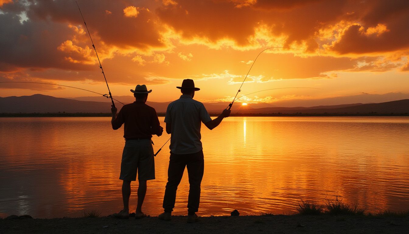 Fishermen cast their lines on a serene Namibian lake at sunset.