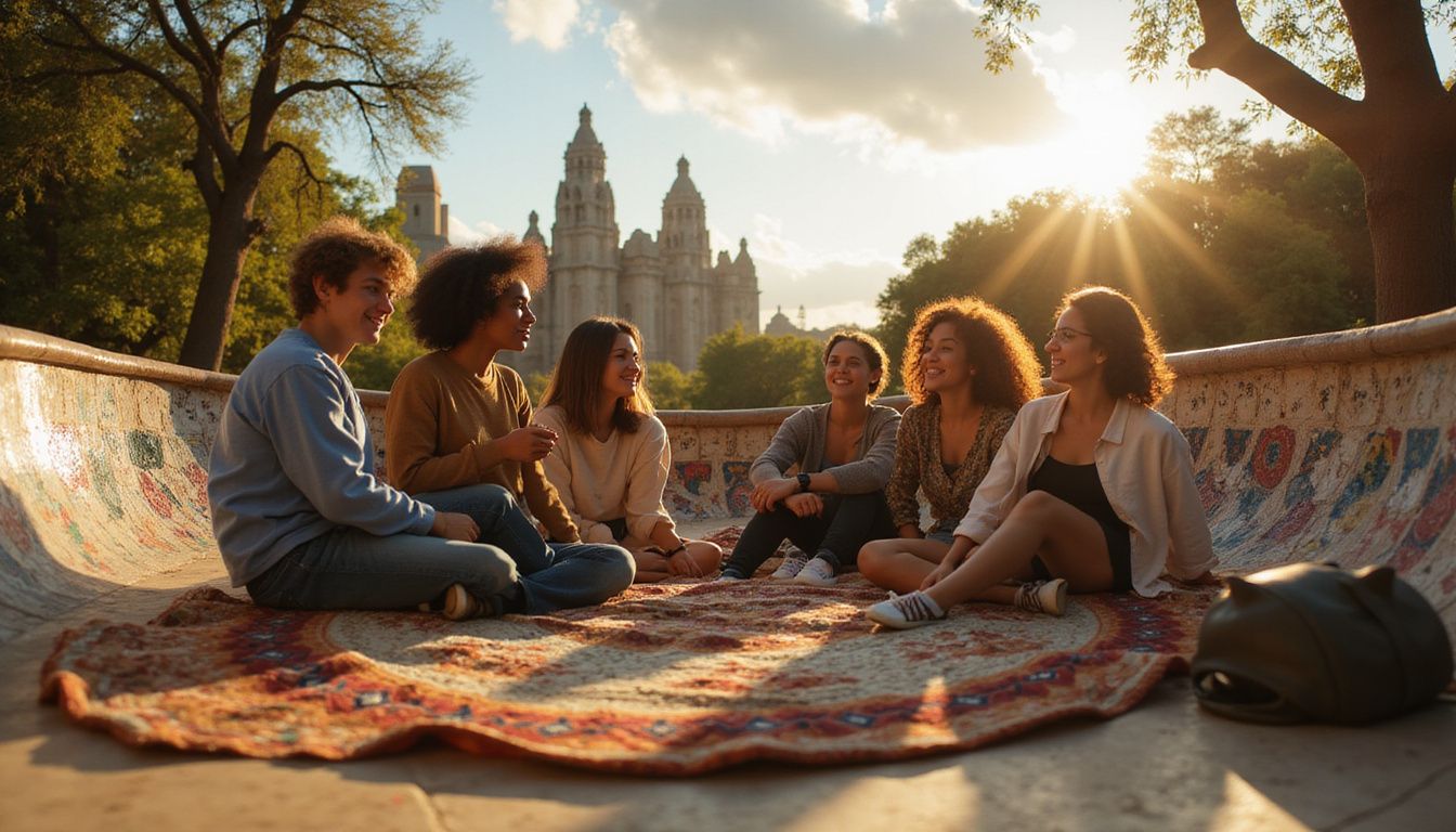 A vibrant group of young adults enjoys time together at Park Güell.