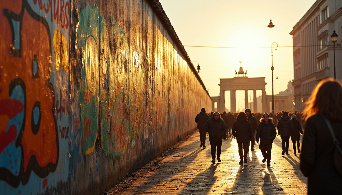 A vibrant, graffiti-covered Berlin Wall showcases history amidst lively urban energy.