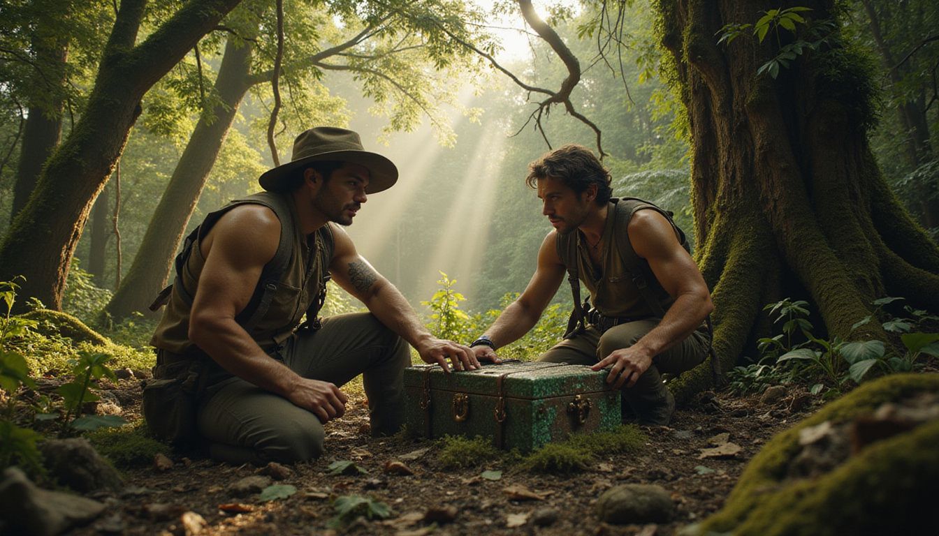 Two rugged treasure hunters discover a hidden jade-encrusted chest in jungle ruins.
