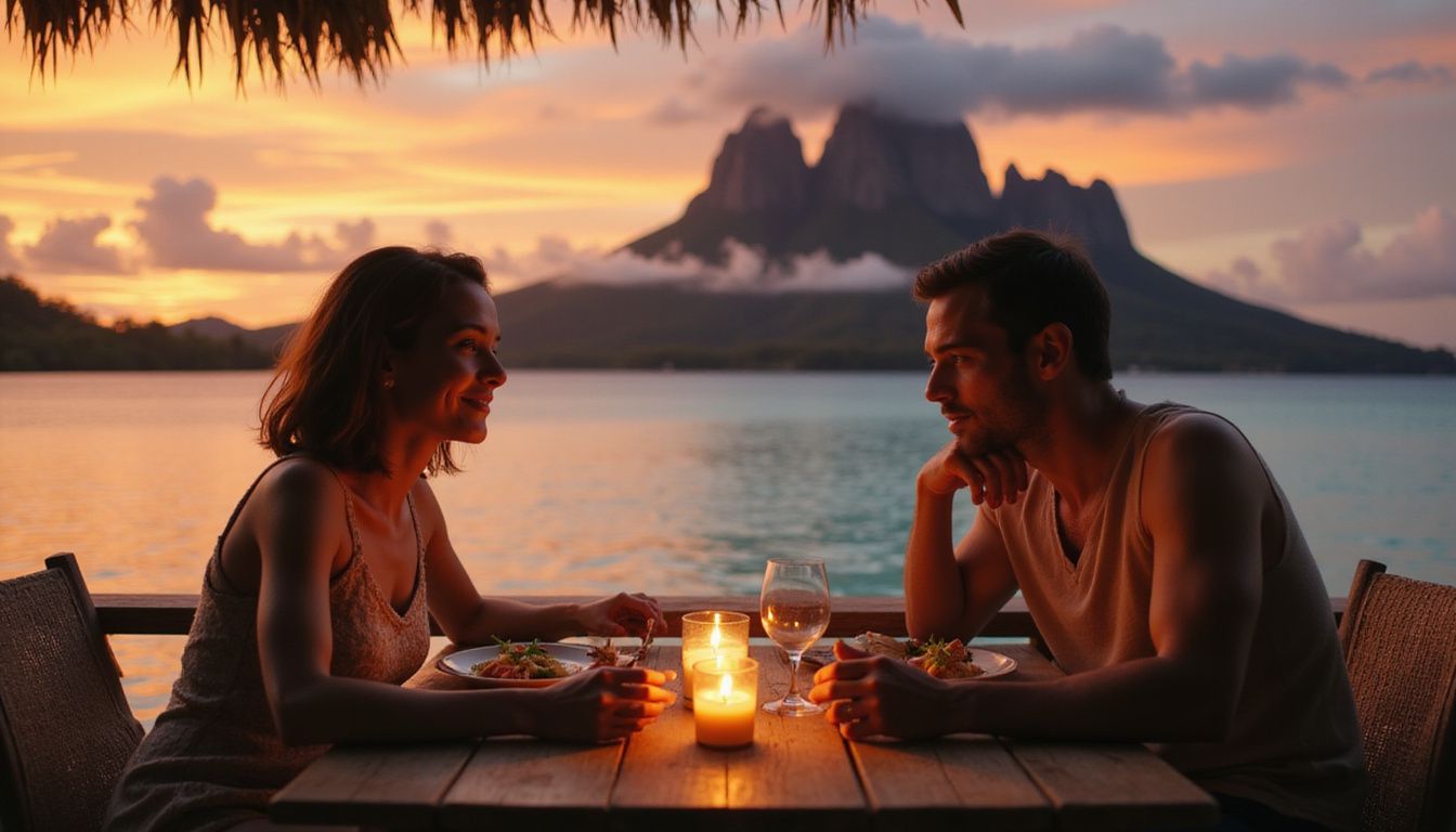 A couple shares an intimate dinner at a romantic overwater bungalow.