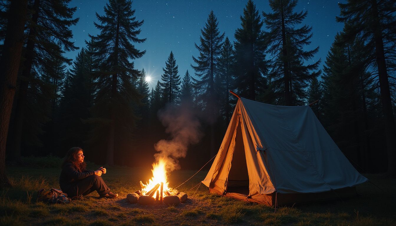 A tranquil campfire scene in a serene forest at night.