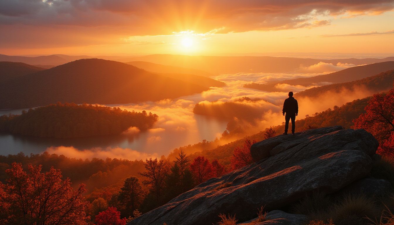 A lone figure enjoys a serene autumn sunset over the Ozarks.