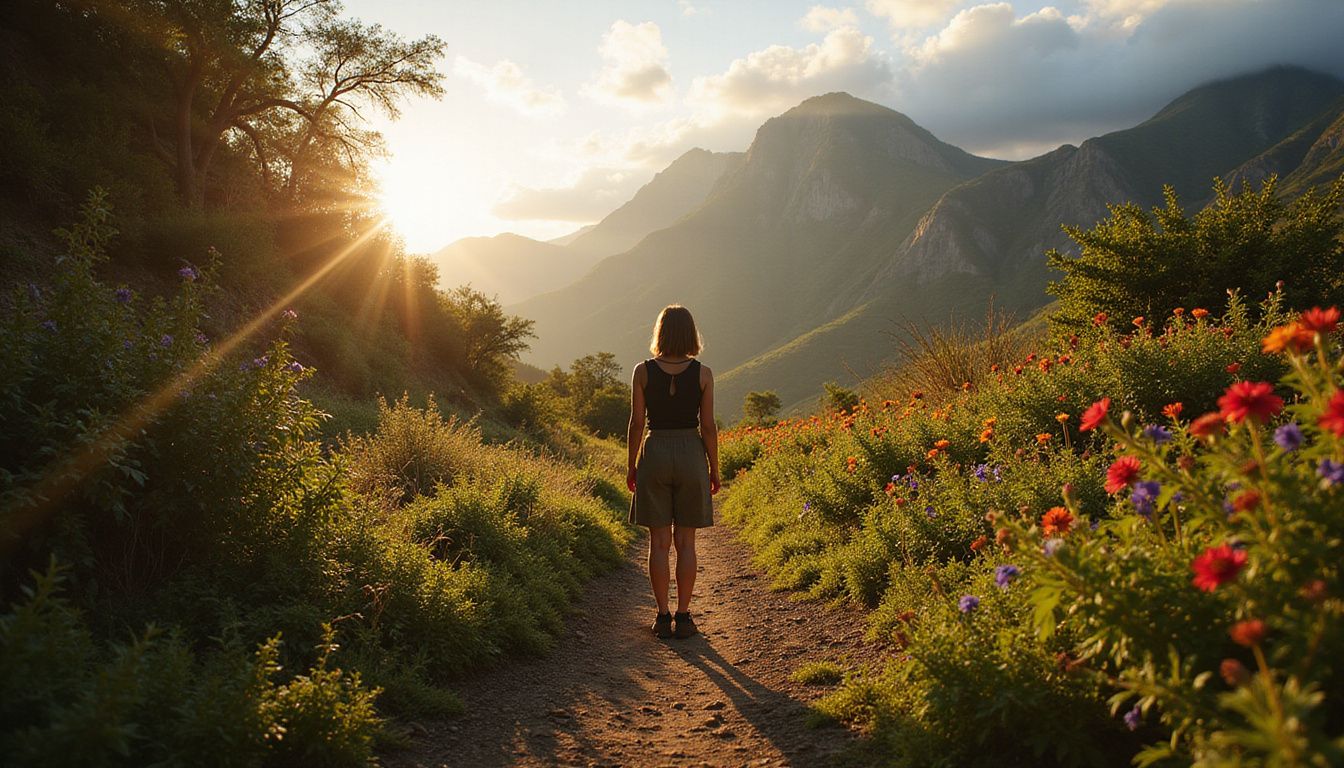 A woman stands contemplatively on a secluded trail in Zimbabwe's wilderness.