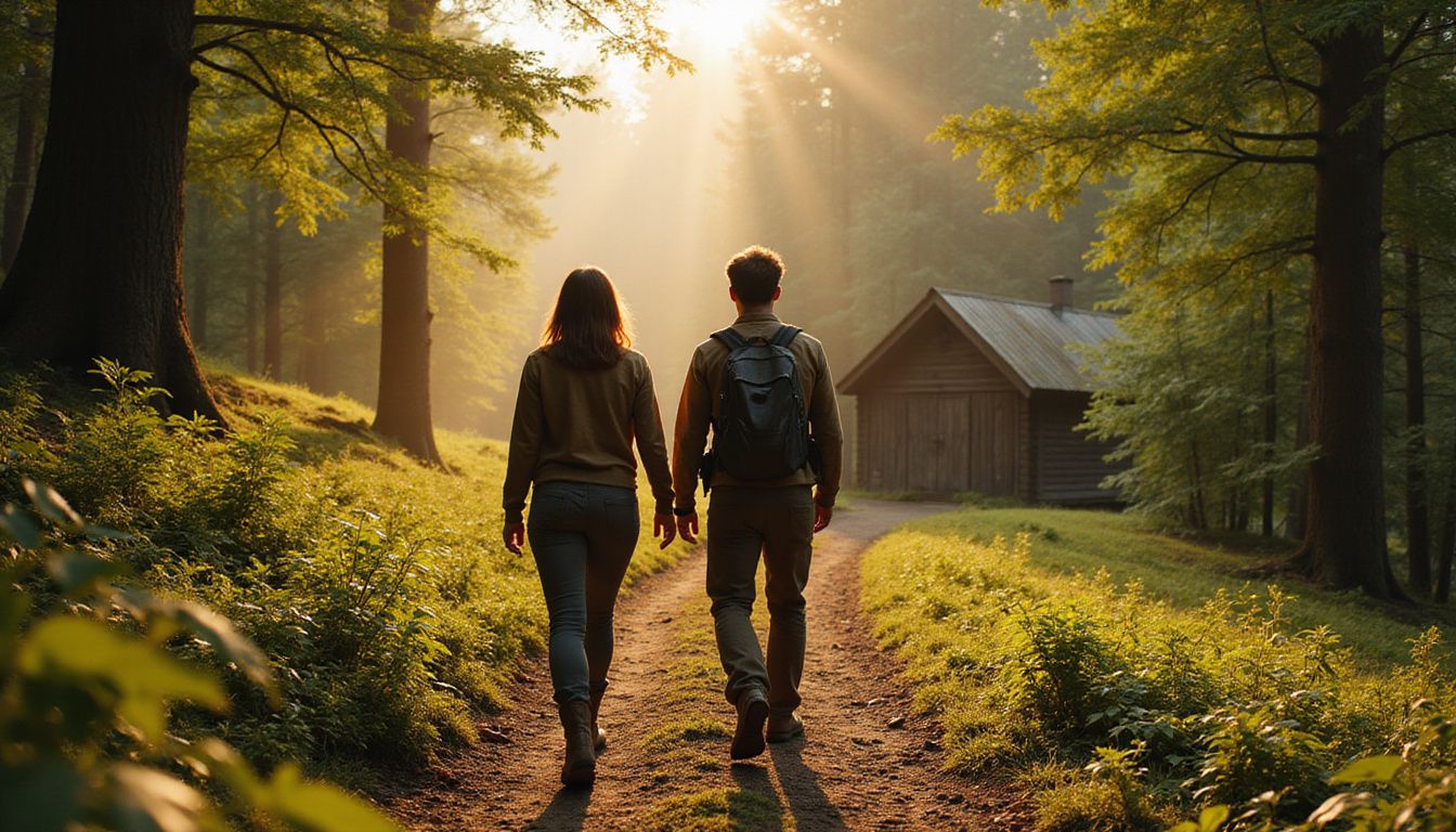 A couple walks determinedly along a winding forest trail.