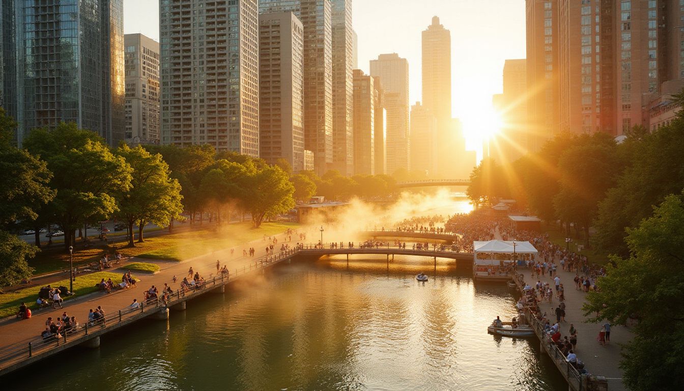 A vibrant cityscape blends nature and urban life at golden hour.