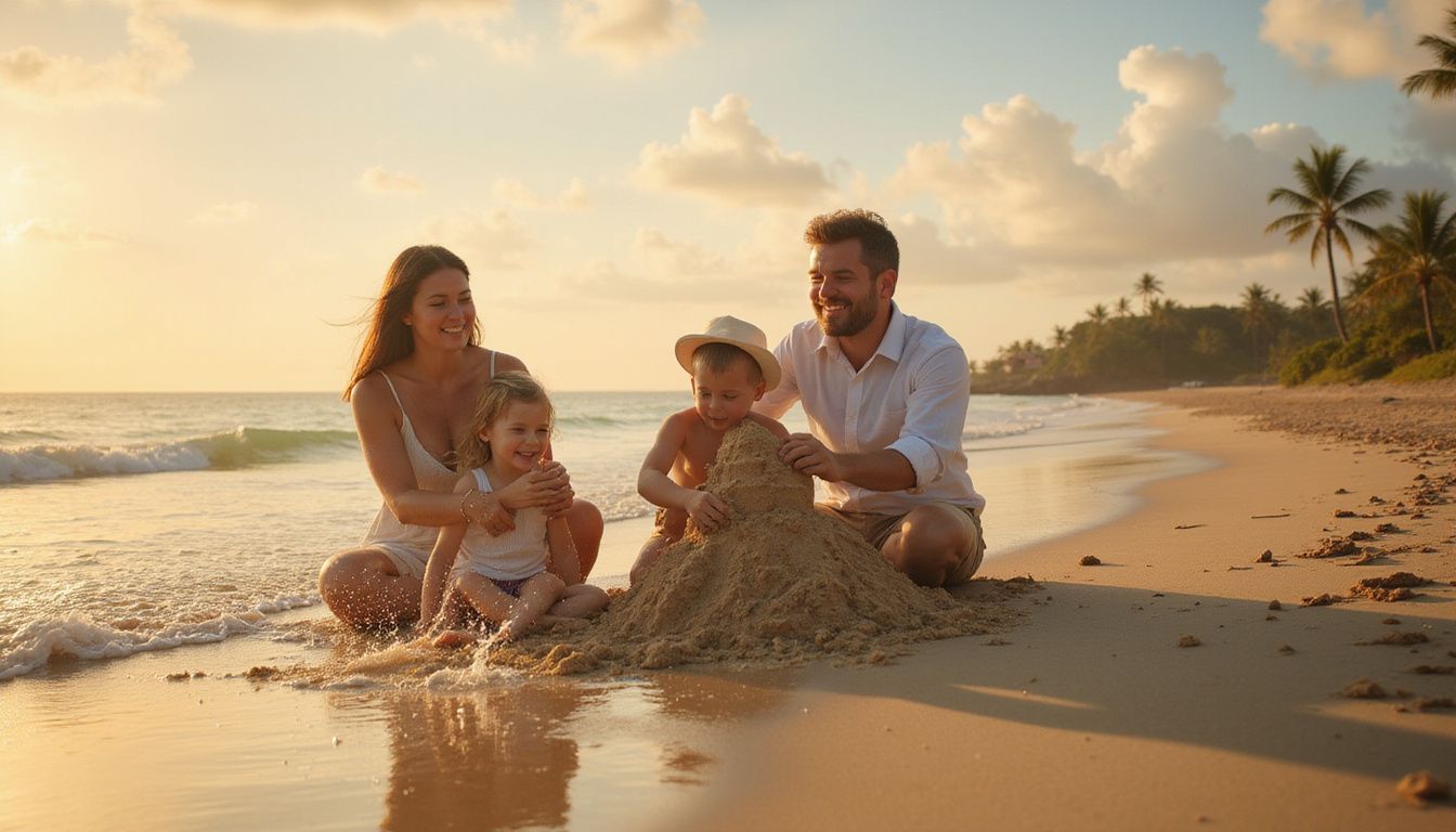 A family enjoys a joyful day at the beach, creating lasting memories.