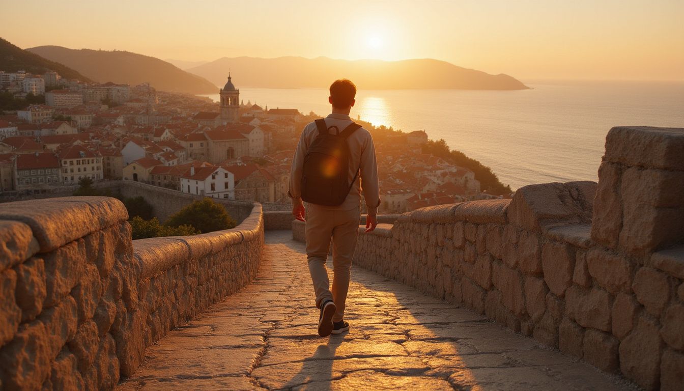 A solitary traveler strolls along Dubrovnik's ancient stone walls at sunset.