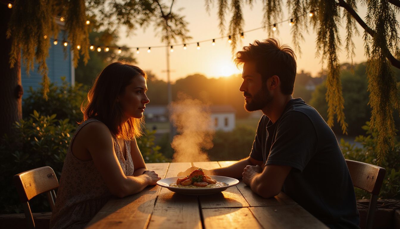 A couple shares an intimate moment over shrimp and grits.