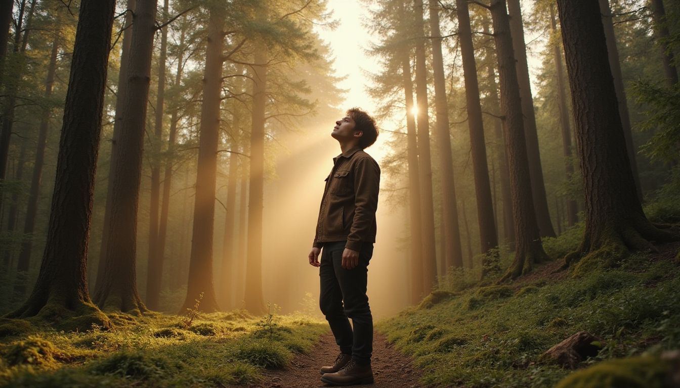 A contemplative hiker stands in awe within a majestic forest.