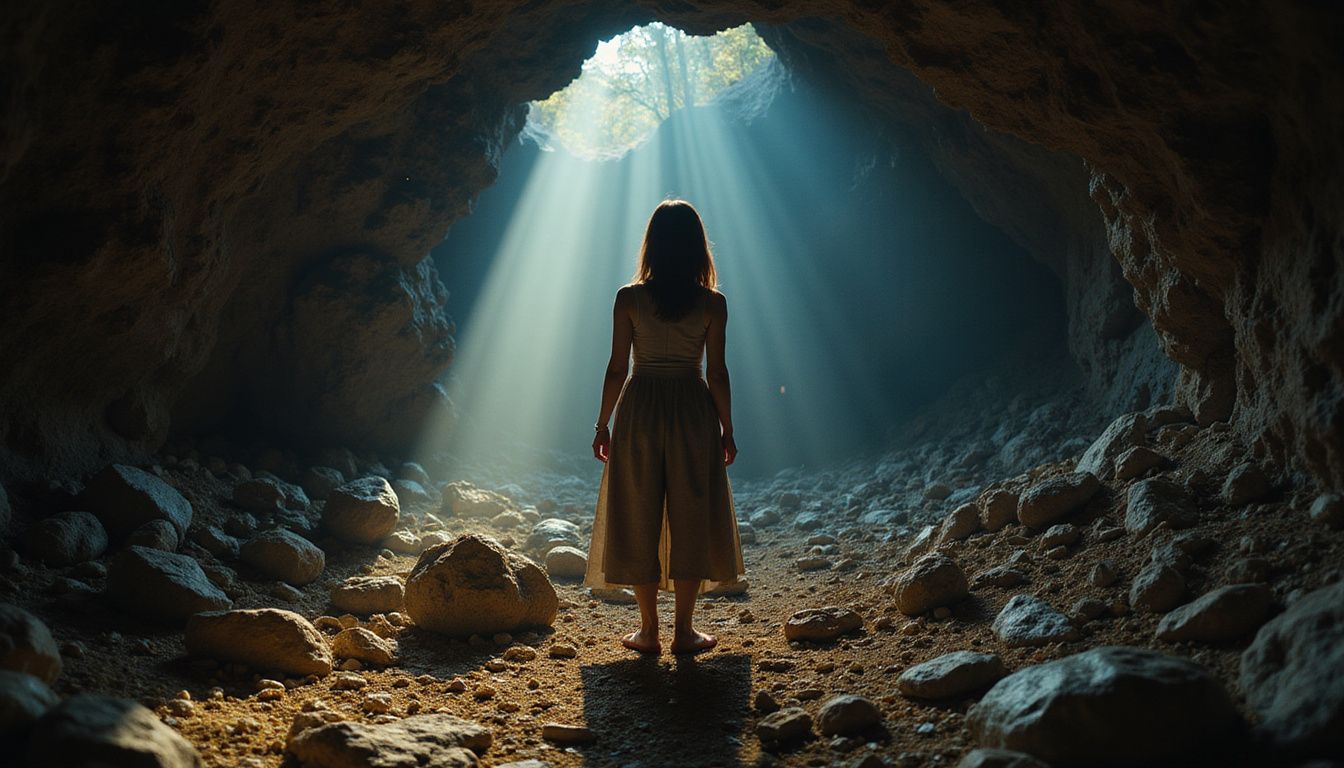 A woman discovers ancient treasure in a shadowy cave.