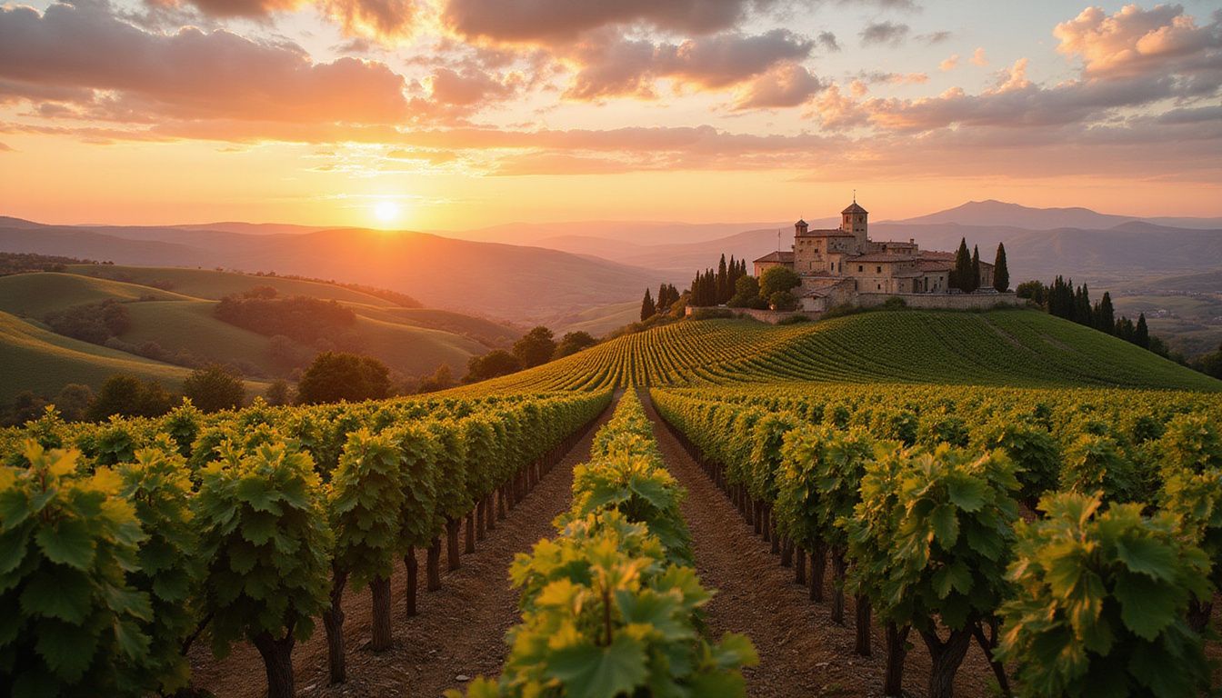 A picturesque Tuscan vineyard landscape with rolling hills and a village.