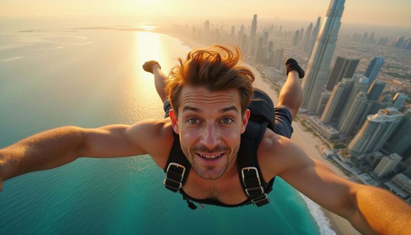 A man freefalls over Dubai's skyline, embodying exhilaration and beauty.
