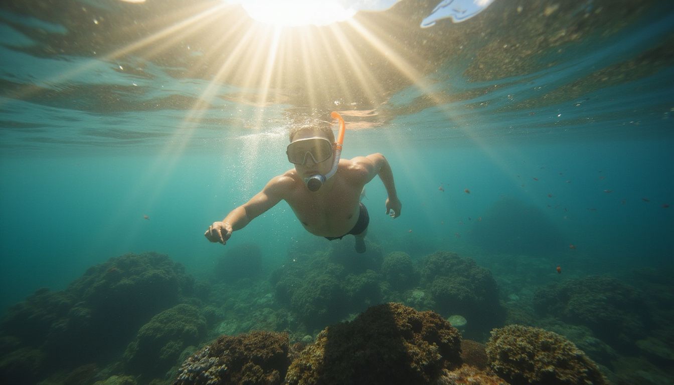 A snorkeler glides peacefully through vibrant Galapagos underwater life.