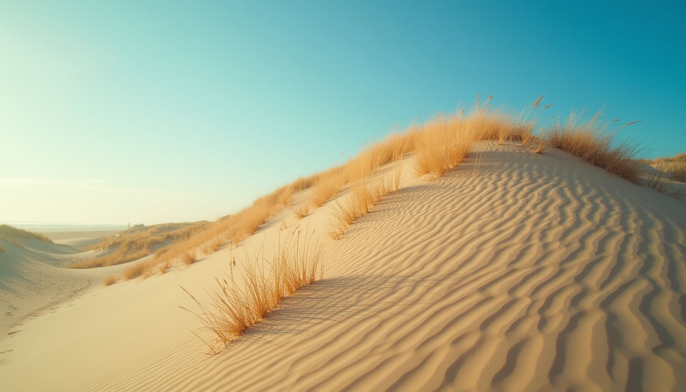 A majestic sand dune rises against a vibrant blue sky.