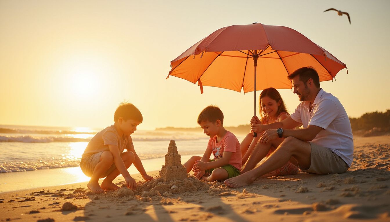 A family enjoys a joyful beach day building sandcastles together.