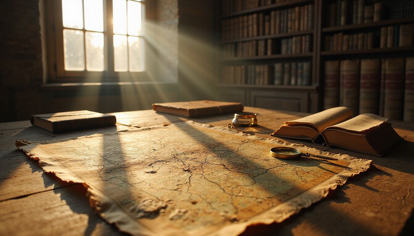 A weathered map and guides evoke a sense of adventure.