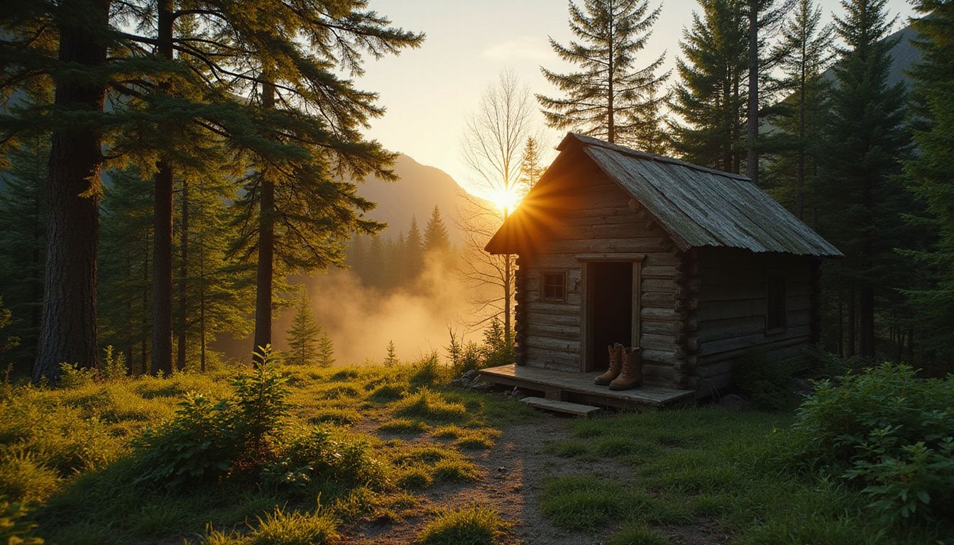 A weathered hut in a lush forest suggests a solitary adventure.