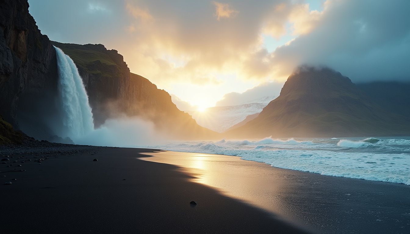 A breathtaking black sand beach in Iceland with dramatic cliffs and a waterfall.