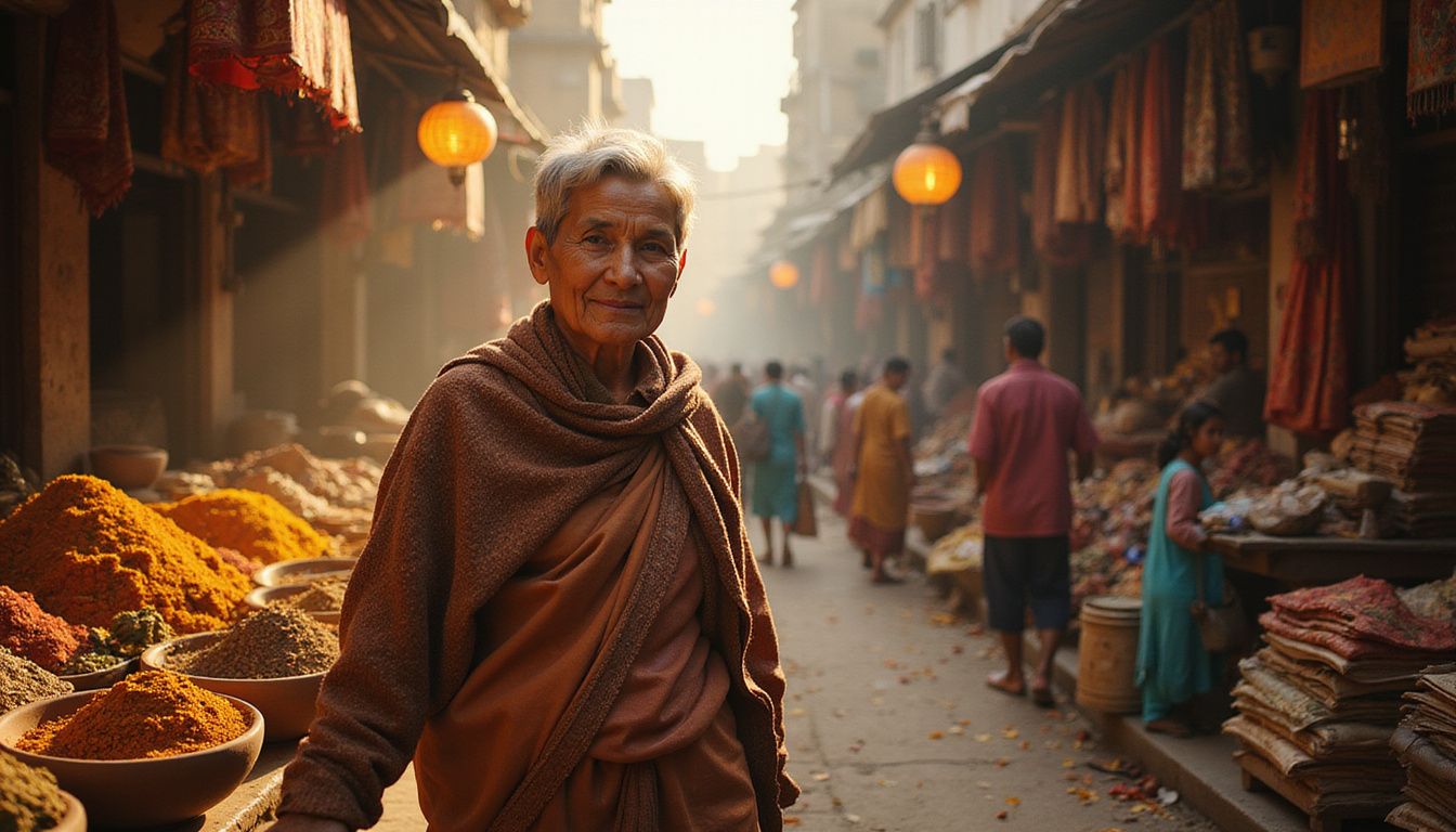 An elderly woman navigates a vibrant, bustling Indian market.