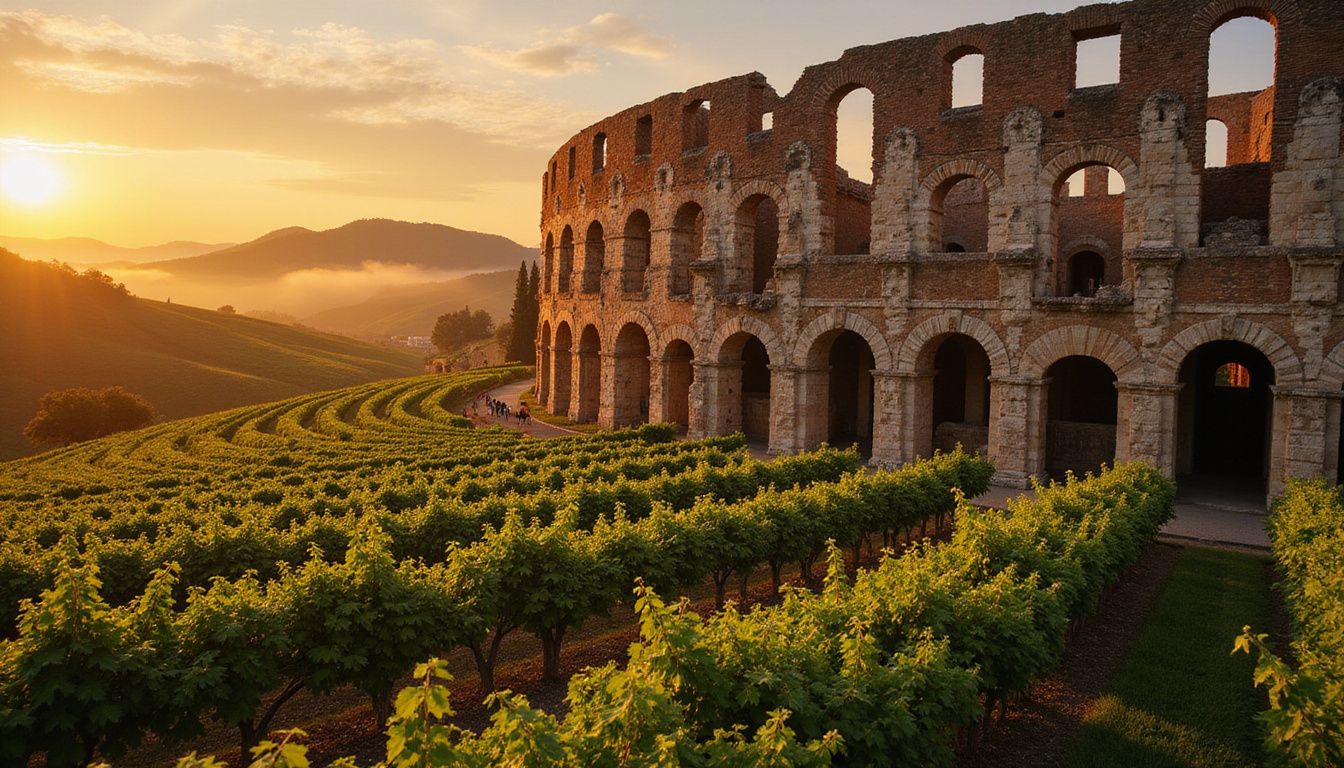 A majestic Roman amphitheater amidst lush Tuscan vineyards and rolling hills.