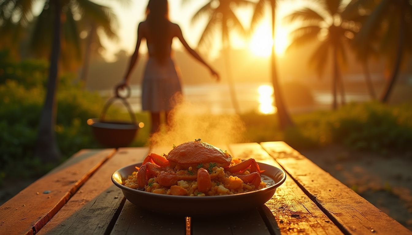 A vibrant Jaffna crab curry on a rustic wooden table.