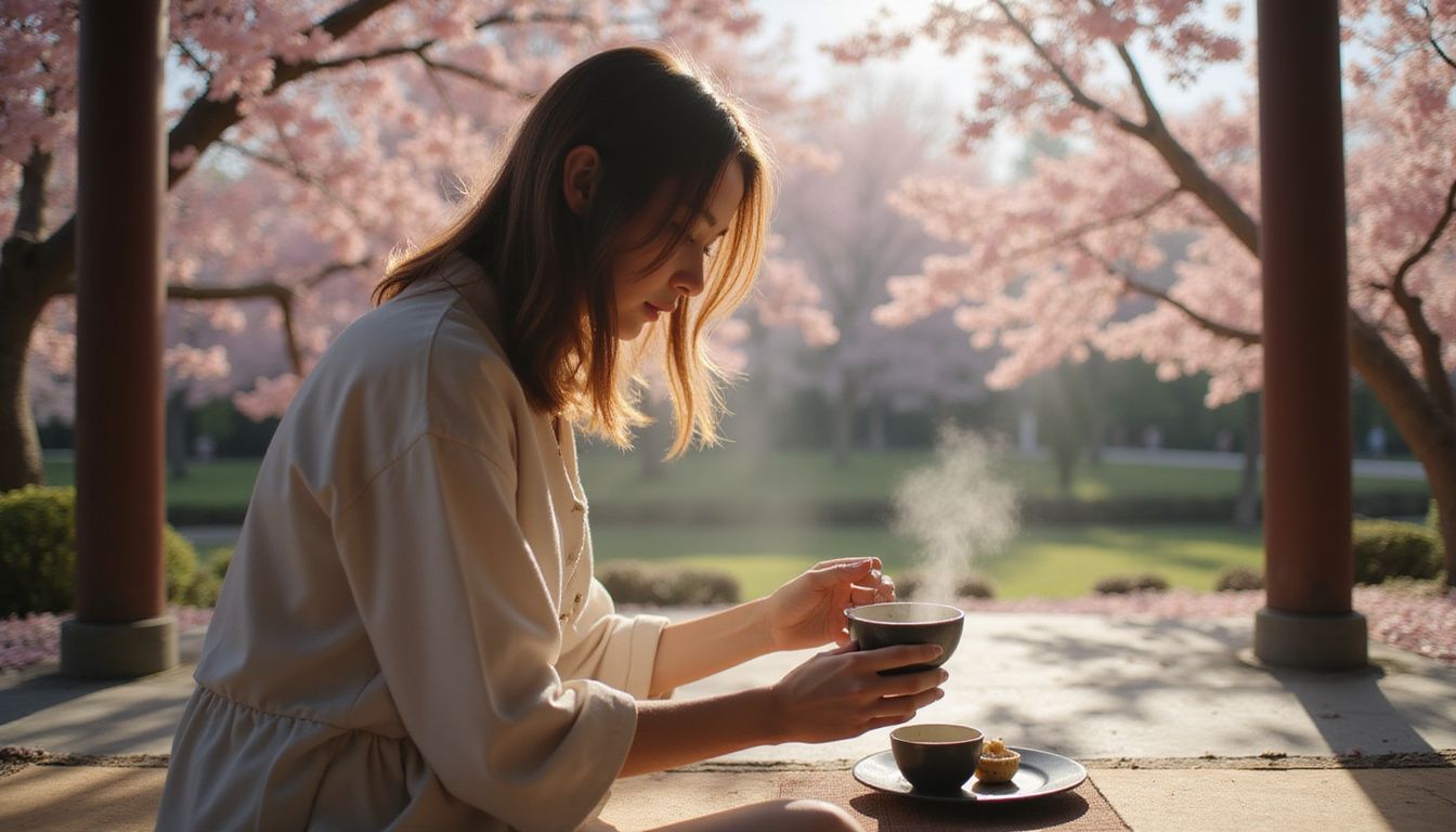 A woman enjoys a tranquil traditional tea ceremony under cherry blossoms.