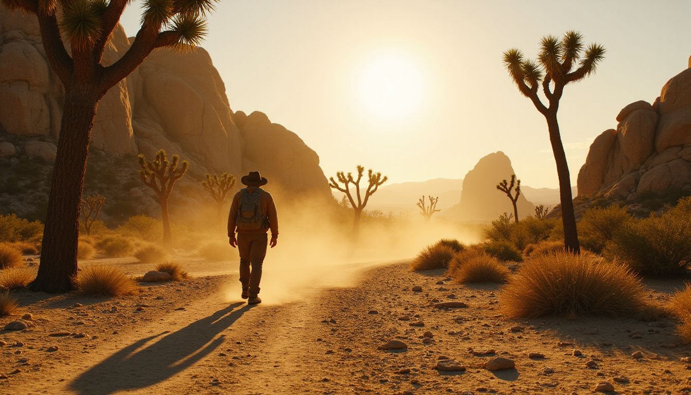 A solitary hiker traverses the vast landscape of Joshua Tree National Park.