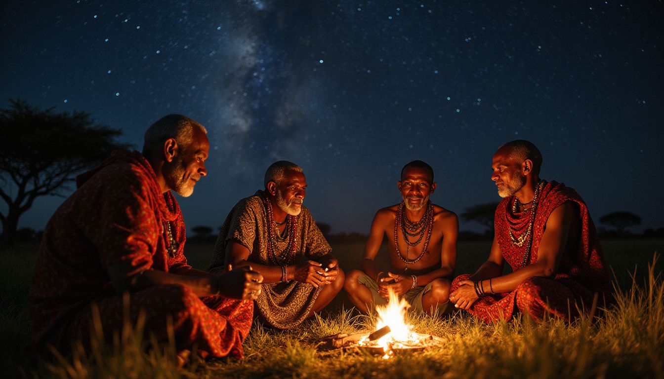 Maasai elders share stories by a fire under a starry sky.