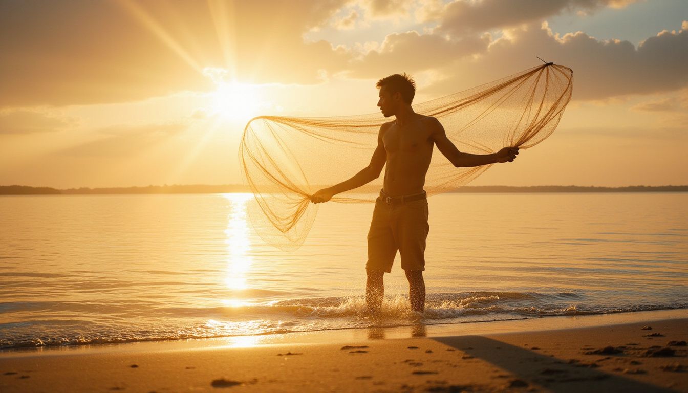 A fisherman casts his net on tranquil Lake Malawi at dawn.