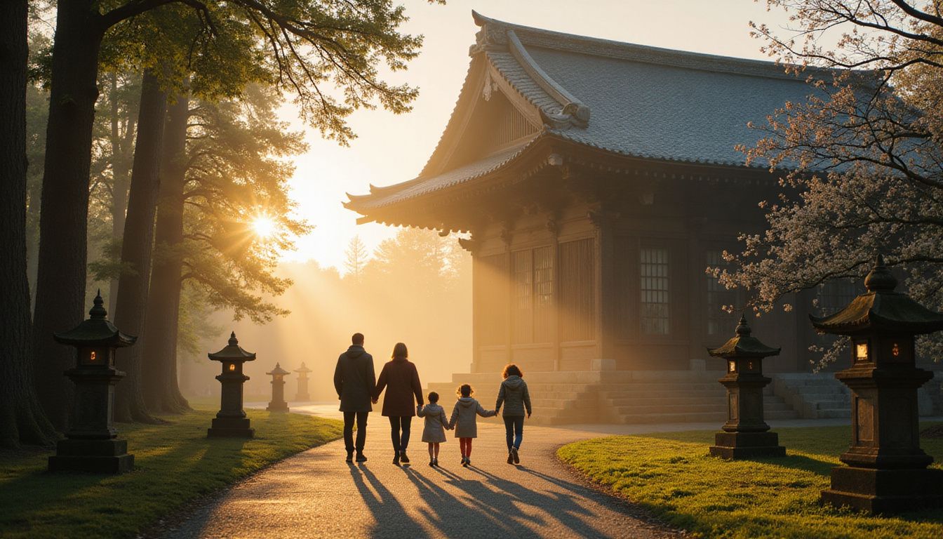 A family explores an ancient Japanese temple surrounded by nature.