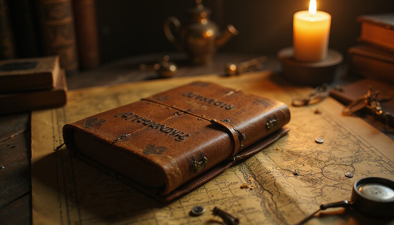 A weathered journal surrounded by ancient books and trinkets suggests untold secrets.