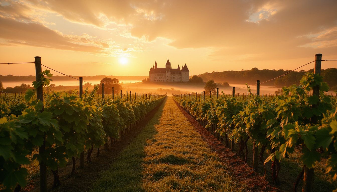 A picturesque vineyard in Loire Valley with a historic château backdrop.