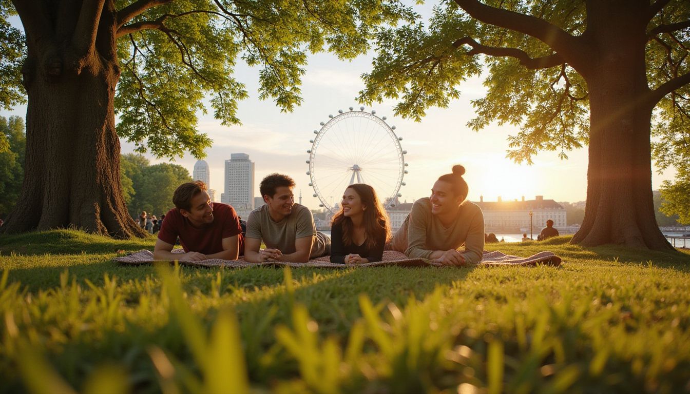 A joyful group of friends relaxes in Hyde Park's greenery.