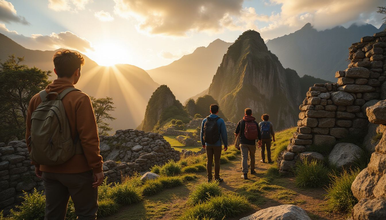 Young hikers experience awe amidst the ancient ruins of Machu Picchu.