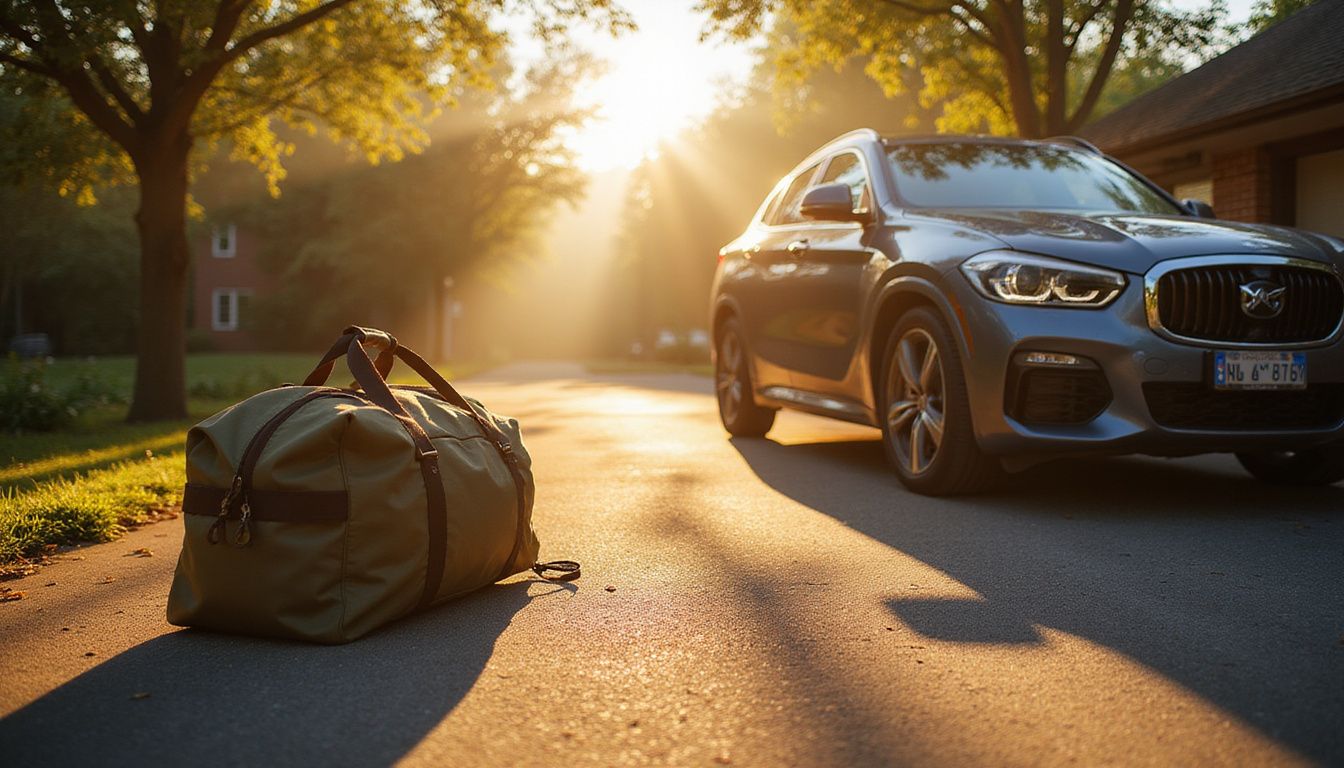 A travel bag beside a car hints at an upcoming adventure.