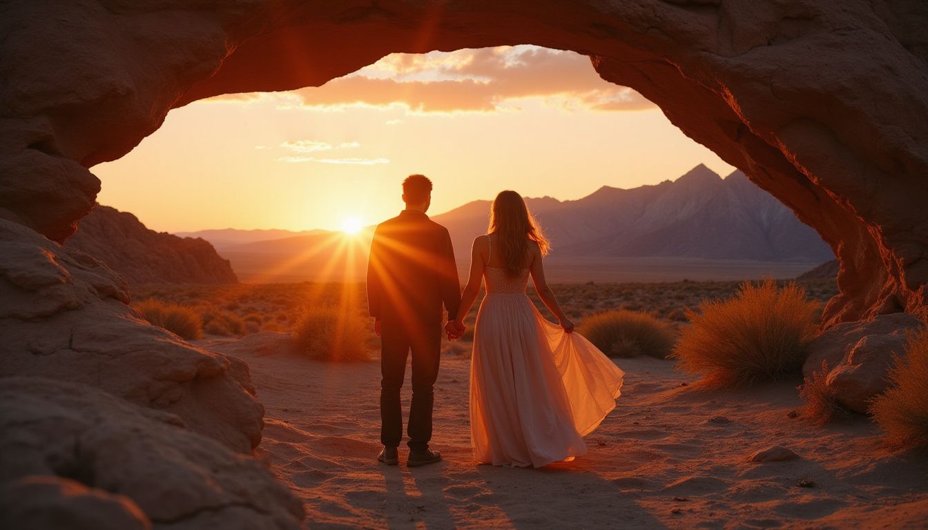 A couple stands together, admiring the stunning landscape at sunset.