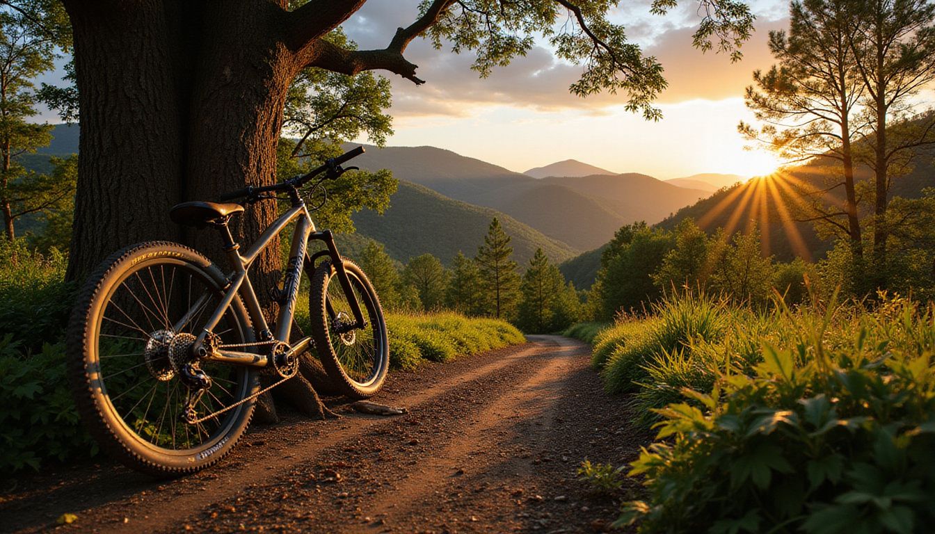 A mountain bike rests against an ancient oak in a lush forest.