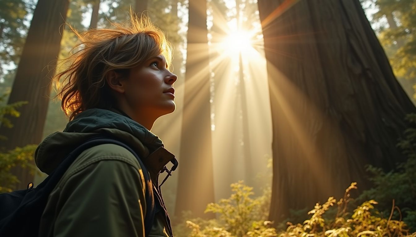 A person in outdoor gear stands in awe among towering redwoods.