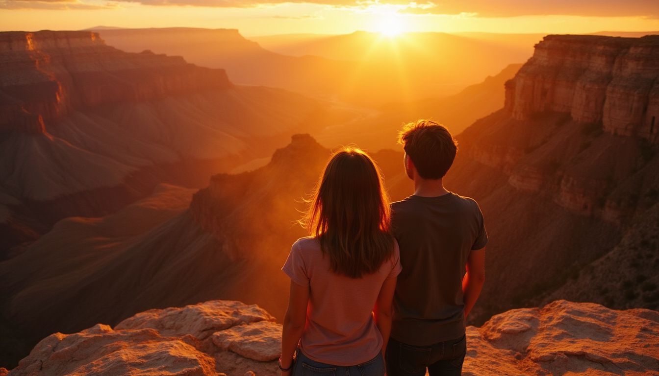 A young couple stands together at the Grand Canyon during sunset.