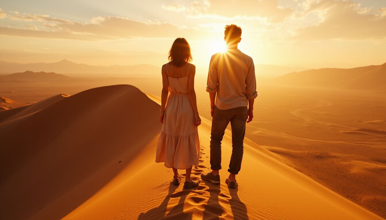 A couple stands triumphantly on a towering red sand dune.