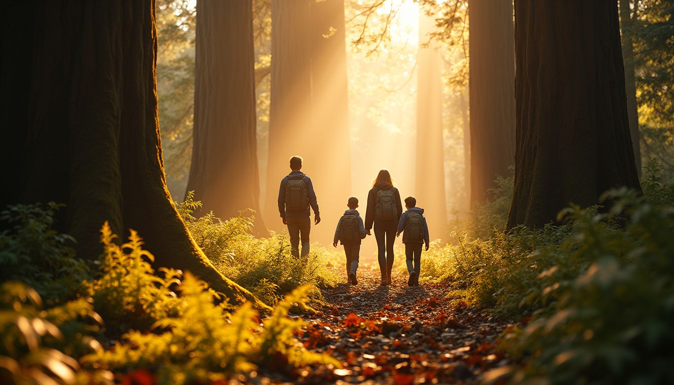 A family explores an ancient Redwood forest, captivated by nature's beauty.