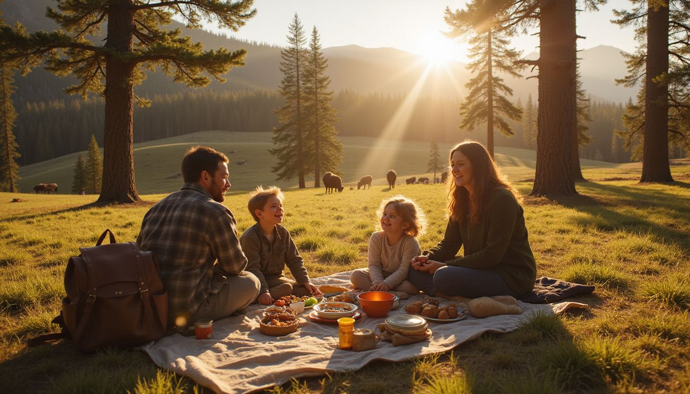 A joyful family picnic in Yellowstone National Park captures cherished moments.
