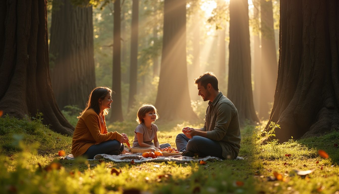 A family enjoys a joyful picnic amidst towering redwoods.