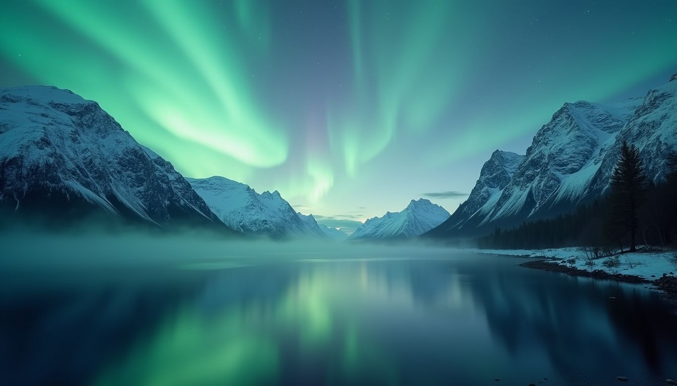 A serene Norwegian fjord surrounded by majestic mountains and northern lights.
